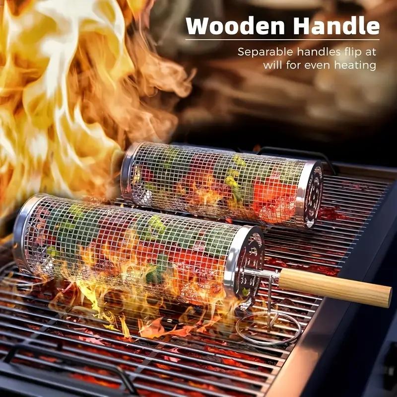 Camping Cooking Meat - Stainless Steel BBQ Grill Basket, Round