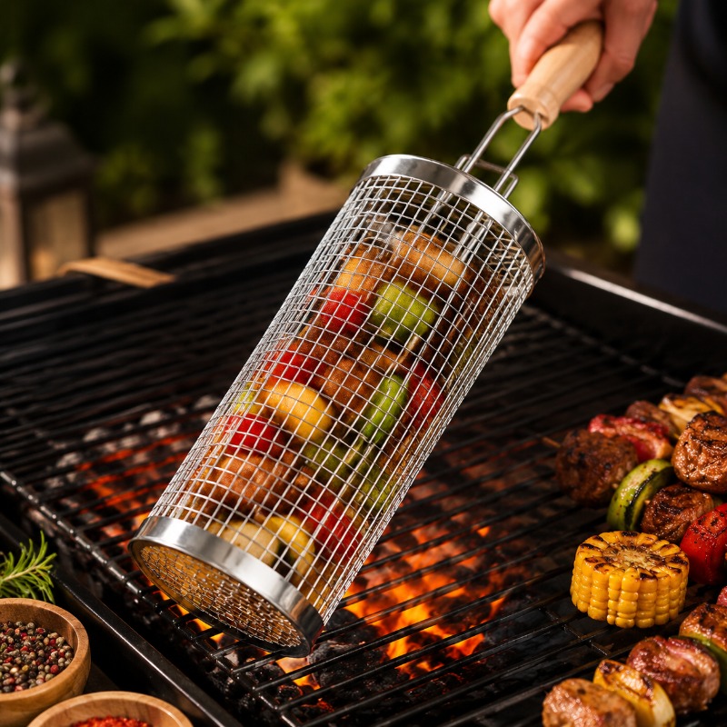 Round Barbecue Grill Basket Se - Camping Cooking Meat recension och pris