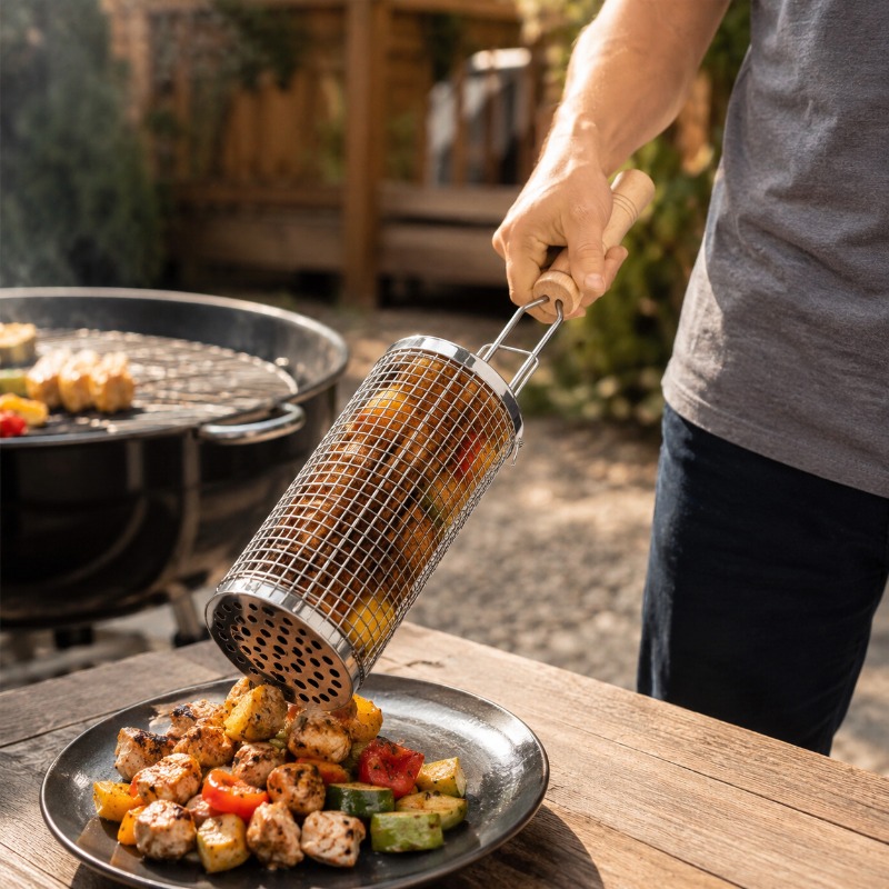 Round Barbecue Grill Basket Se - Camping Cooking Meat recension och pris