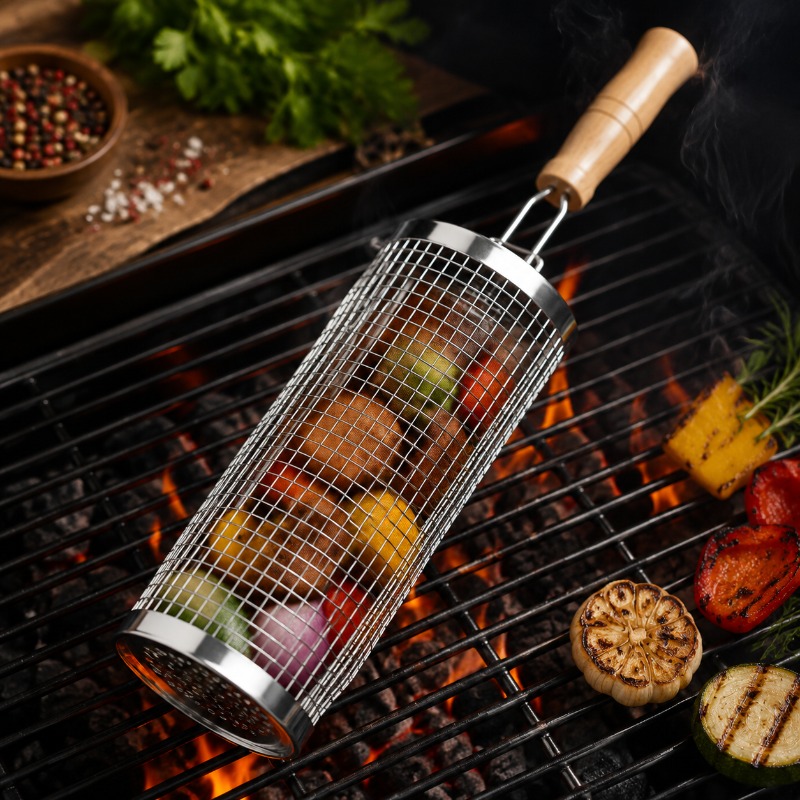 Round Barbecue Grill Basket Se - Camping Cooking Meat recension och pris