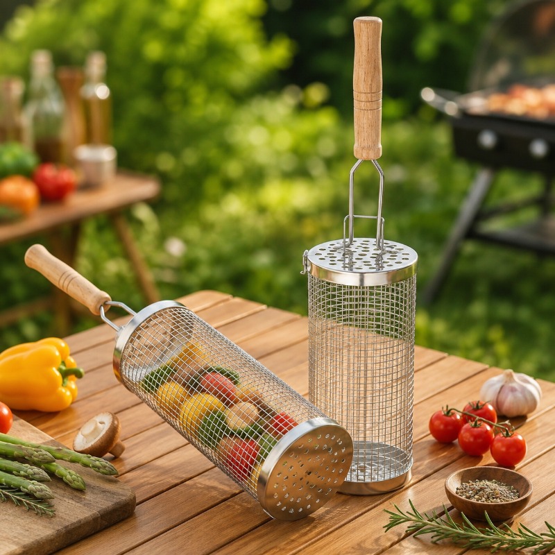 Round Barbecue Grill Basket Se - Camping Cooking Meat recension och pris